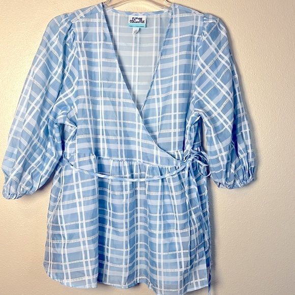 Future Collective Tops - FUTURE COLLECTIVE Plaid Gingham SemiSheer Wrap Top Puff Sleeve L Waist Ties Blue